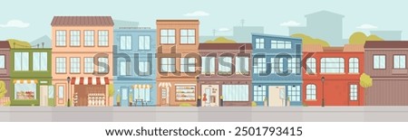 City landscape of small residential or local business shops and stores. Vector town street with markets building interior and facade. Urban front houses exterior with trees and lamps, infrastructure