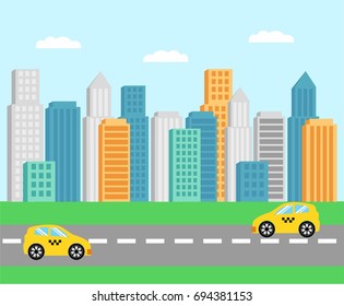 City landscape, street. Skyscrapers, road. Yellow taxi cars on the road