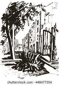 City landscape in the style of sketch art, city street with a tree and a walking path, and pedestrians, buildings and stairs with a gate