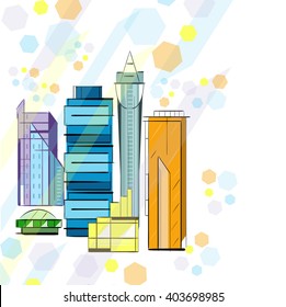 City landscape with tall buildings. Urban background. Different types of houses. Vector illustration.
