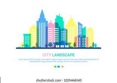 City landscape template. Flat style illustration in punchy pastels colors. Colored Buildings on white background. Cityscape background in pastel colors. Urban life. Vector illustration.