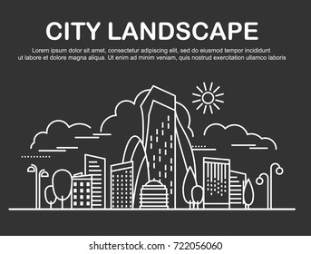 City landscape template. Linear graphic concept, website design elements of Urban Landscape. Line art style for web, advertising, banner, poster, flyer, board. Vector Illustration