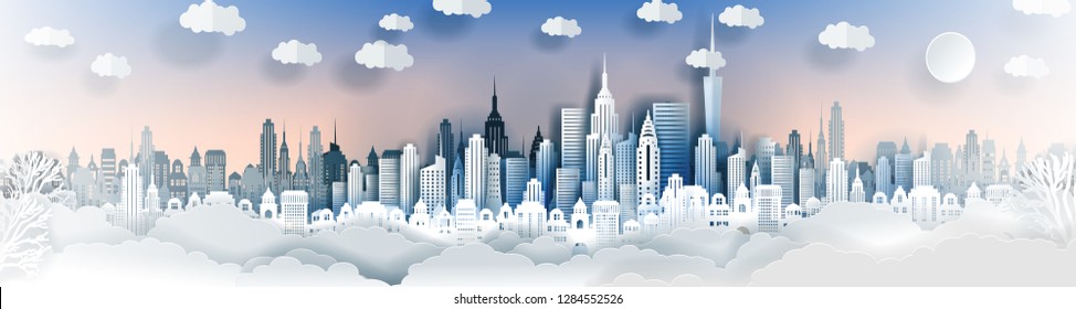 City landscape template. Paper city landscape. Downtown landscape with high skyscrapers. Panorama architecture Goverment buildings. Urban life Vector illustration. Origami and travel concept,paper art