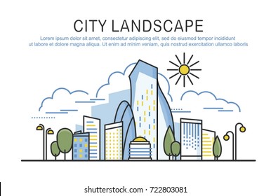 City landscape template with text. Linear graphic concept composition. Website design elements of Urban Landscape. City line art for web, advertising, banner, poster, flyer, board. Vector Illustration