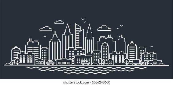 City landscape template. Thin line night City landscape. Downtown landscape with high skyscrapers on dark. Panorama architecture Goverment buildings outline illustration. Skyline Vector illustration