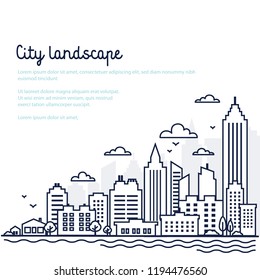 City landscape template. Thin line City landscape. Downtown landscape with high skyscrapers. Panorama architecture Goverment buildings Isolated outline illustration. Urban life Vector illustration