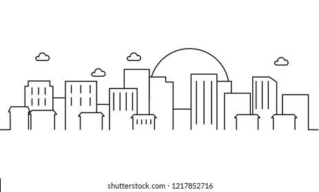 City landscape template. Thin line City landscape. Cityscape, cloud, sun Isolated outline illustration. Urban life Vector illustration