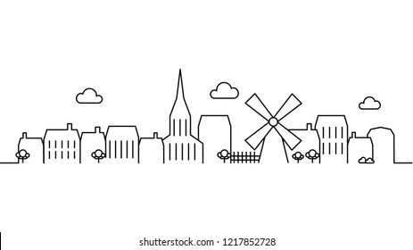 City landscape template. Thin line City landscape. Cityscape, village Isolated outline illustration. Urban life  illustration