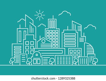 City landscape template. Thin line City landscape. Downtown landscape with high skyscrapers