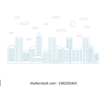 City landscape template. Thin line city landscape. Panorama buildings isolated outline illustration. Urban vector illustration