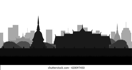 City Landscape Of Thailand , Temple , Silhouette Vector