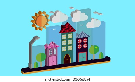 City landscape in three-dimensional flat style. The city with houses with sloping roof and various beautiful tiles with a lantern sun-shining clouds and trees on a blue background. Vector illustration