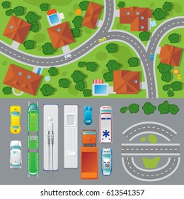 City landscape top view concept with road different vehicles transports houses and trees vector illustration
