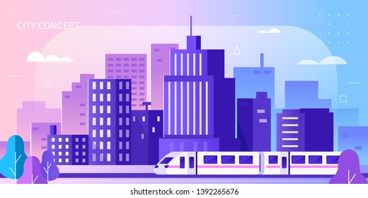 City landscape and train. Flat style vector illustration with modern gradients.