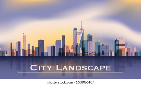 City landscape of transparent elements. City view with large skyscrapers. Wide horizontal panorama. Urban life Vector illustration