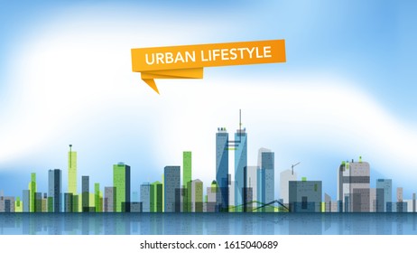City landscape of transparent elements. City view with large skyscrapers. Wide horizontal panorama. Urban life Vector illustration