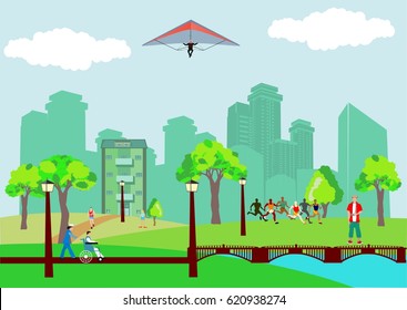 City landscape and urban life vector illustration. Flat design