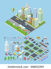 City landscape and urban objects vector illustration in isometric projection. Picture for business, architectural concepts, web, app, icons, infographics, logotype design. Isolated on blue background.