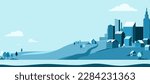City landscape vector background. Simple minimal town with buildings, sky, river, hills and trees. Urban concept. Copy space.