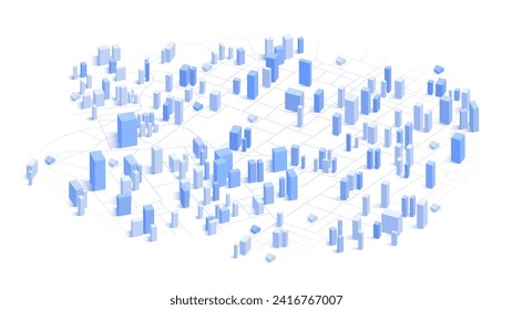 City landscape vector background. Simple minimal town with 3d buildings, urban concept. Exploring available properties, potential choices. Editable vector illustration. White background