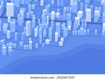 City landscape vector background. Simple minimal town with 3d buildings, urban concept. Exploring available properties, potential choices. Editable vector illustration. Blue background