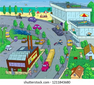 City landscape vector cartoon in bright colors