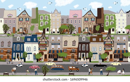 City landscape! Vector cute illustration of houses, trees, people and family on town street. People walking, ride bicycle. European architecture and traffic. Drawings for poster, card and cover
