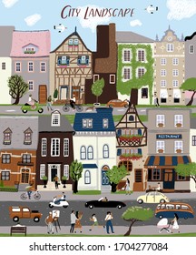 City landscape! Vector cute illustration of houses, trees, people and family on town street. People walking, ride bicycle. European architecture and traffic. Drawings for poster, card and cover