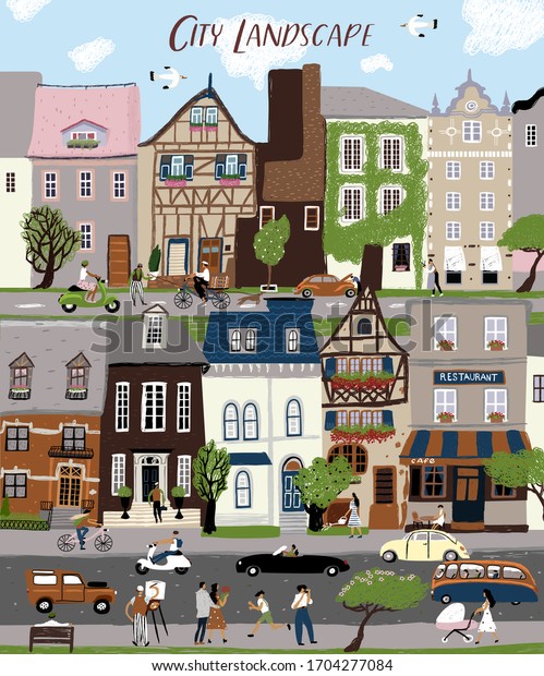 City landscape! Vector cute illustration of houses,
trees, people and family on town street. People walking, ride
bicycle. European architecture and traffic. Drawings for poster,
card and cover