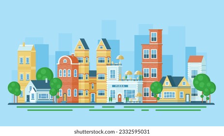 City landscape vector illustration. Cartoon urban cityscape with buildings exterior and trees, windows and doors in old colorful houses, Italian pizza cafe and shops on European summer street