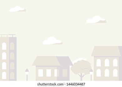 City landscape vector illustration. Flat style town with buildings, tree, clouds, lamps. Perfect for backgrounds.