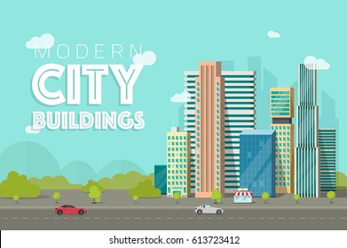 City landscape vector illustration, flat cartoon style modern skyscrapers buildings near forest trees panorama, cityscape architecture, urban street background with copy space