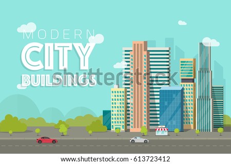 City landscape vector illustration, flat cartoon style modern skyscrapers buildings near forest trees panorama, cityscape architecture, urban street background with copy space