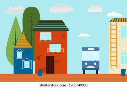 City landscape vector illustration. Three coclorful houses, bus, road