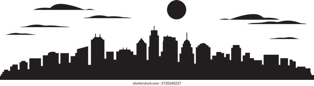 City landscape vector. Thin Black cityscape with building, clouds, sun. design Vector black silhouette
