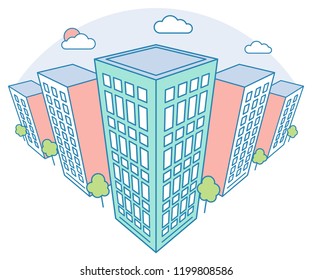 City landscape view with high rises and apartment buildings, clouds, trees, modern residential and tenement house, linear outline style, vector