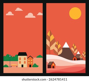 City and landscape wallpaper layout with warm tones showing urban buildings and natural scenery ideal for design projects with sunset inspired color palettes