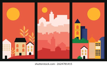 City and landscape wallpaper layout with warm tones showing urban buildings and natural scenery ideal for design projects with sunset inspired color palettes
