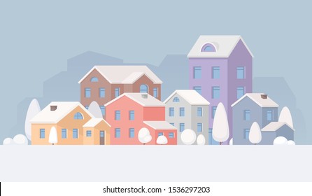 City landscape in the winter. Town. Houses and trees in the snow. Vector illustration in cartoon style