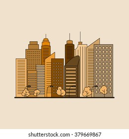 City landscapes line vector illustration in yellow colors with skyscrapers, towers and trees.