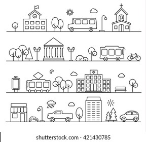 City landscapes set in linear style. With buildings, city transport, cars, bike, street lamps, trees,  bushes, shop etc., vector illustration