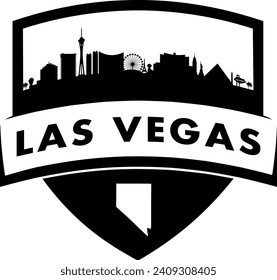 City of Las Vegas Nevada black and white shield style city buildings silhouette shield graphic with knockout white outline of the state border shape under name. Vector eps design. 