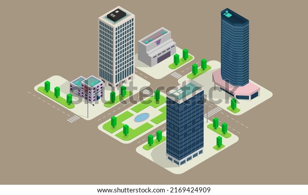 City Layout Offices Skyscrapers Isometric Illustration Stock Vector ...