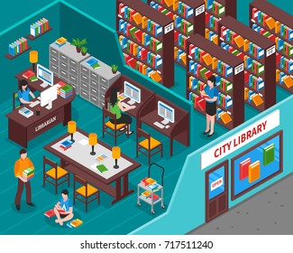 City library with books employee at workplace visitors interior elements and view from street isometric vector illustration