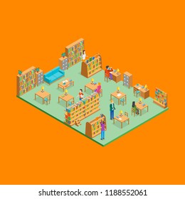 City Library Interior with Furniture Isometric View Education, Knowledge and Study Concept on a Orange. Vector illustration with Bookshelf and People
