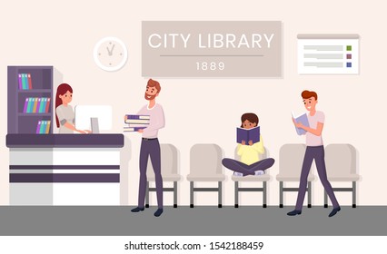 City library visitors flat vector illustration. Bearded man returning books cartoon character. Students revising for exams, pupils holding textbooks in public library, girl immersed in novel