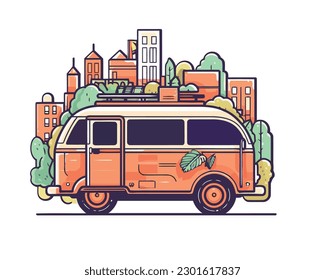 City life adventure driving old fashioned van isolated