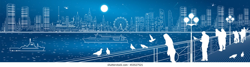 City life amazing panorama. Urban skyline. People watching from the bridge to the river and night megalopolis, ships on the water. Infrastructure and transportation illustration, vector design art