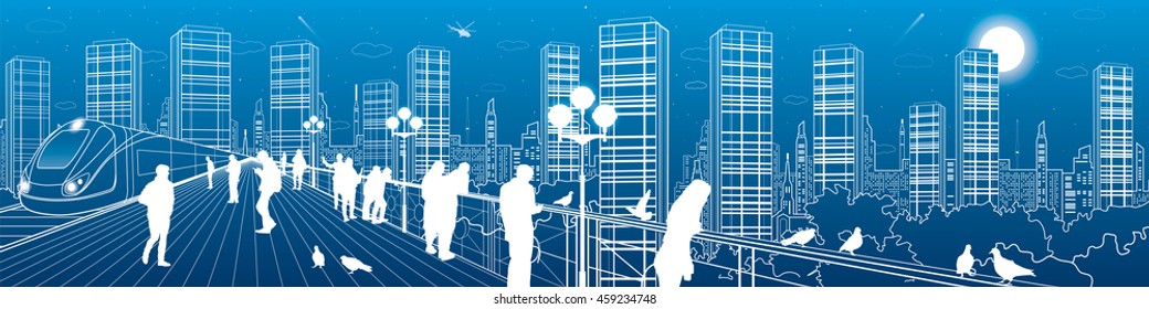 City life amazing panorama. Urban skyline, people watching from the bridge to the night megalopolis, train move, infrastructure and transportation illustration, vector design art