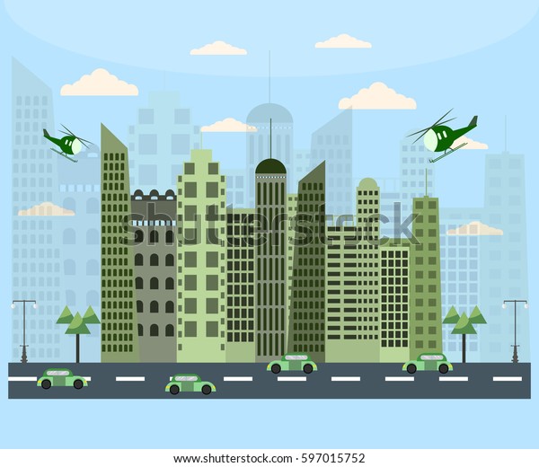 City life\
with cars and helicopter in flat\
design.